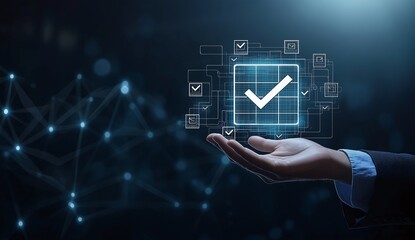 Digital approval concept with glowing checkmark icon floating above an open palm. Modern technology for business confirmation and validation processes.