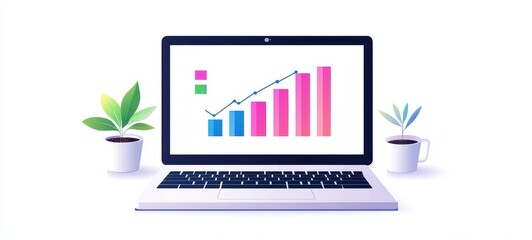 a laptop with a bar chart displayed on the screen, representing data analysis and digital business tools