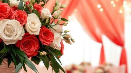 Obraz premium A vibrant floral arrangement featuring red and white roses, set against a soft, elegant backdrop, perfect for special occasions.
