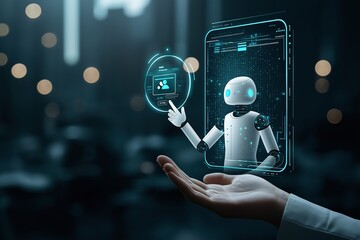 Futuristic digital illustration of a robot interacting with a virtual interface over a human hand, symbolizing advanced AI technology and innovation in a modern tech environment.