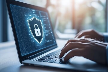 Hands typing on a laptop keyboard displaying a cybersecurity lock icon on screen. Concept of data protection, digital security, and online privacy in a modern workspace.
