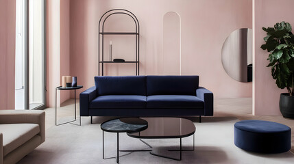 Minimalist Modern Living Room with Soft Lavender Walls, Muted Blue Velvet Sofa, and Geometric Black Metal Coffee Table, Featuring Clean Lines and Ample Natural Light for a Calm, Elegant Design