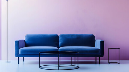 Minimalist Modern Living Room with Soft Lavender Walls, Muted Blue Velvet Sofa, and Geometric Black Metal Coffee Table, Featuring Clean Lines and Ample Natural Light for a Calm, Elegant Design