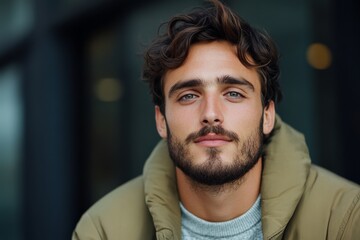 Fototapeta premium A handsome man with striking blue eyes and wavy hair looks at the camera, wearing casual attire with a calm and confident demeanor, outside an urban setting.