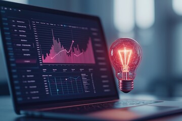 Laptop displaying financial data with a glowing red light bulb symbolizes innovative ideas and technological insights in data analysis and strategic business planning.