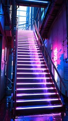 A vibrant staircase illuminated by neon lights beckons in a city alley at night, showcasing urban art and reflections. Generative AI