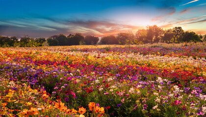 a beautiful field of blooming flowers in various colors like a vibrant painting