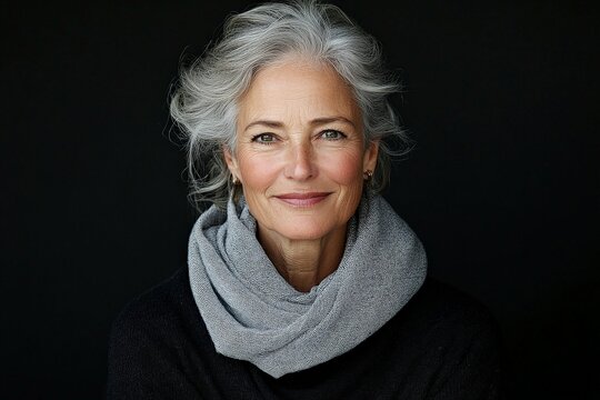 A serene image of an elegant woman with gray hair and a warm smile, wearing a cozy scarf. Her gentle confidence reflects wisdom, warmth, and grace.