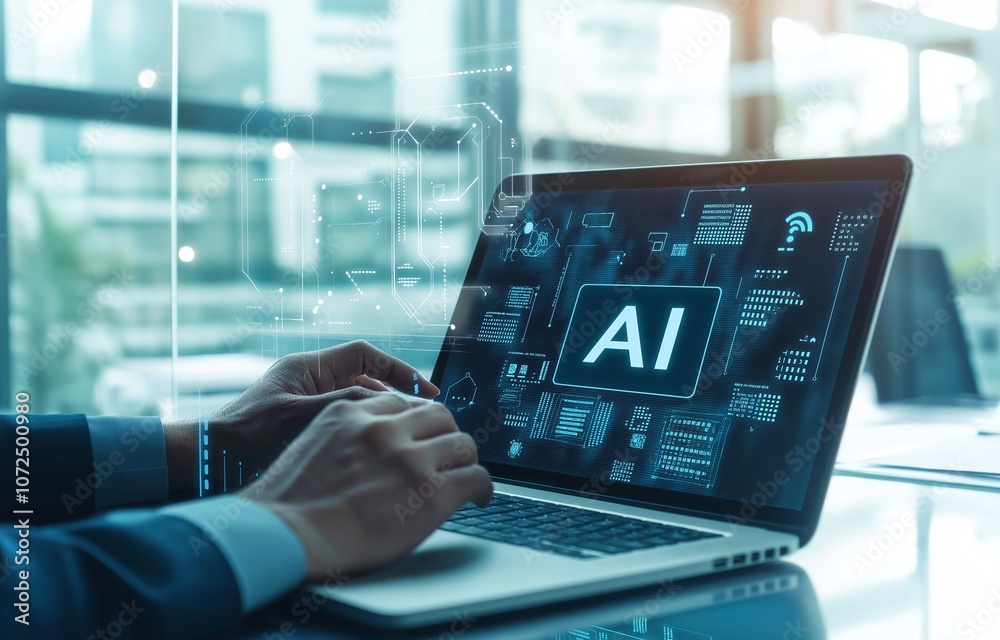 Poster person using a laptop with ai interface. conceptual image of artificial intelligence and digital tec