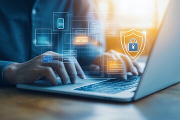 Obraz premium Person typing on a laptop with digital security icons overlay, illustrating cybersecurity concepts and data protection measures in a connected world.