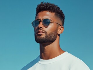 Fototapeta premium A young man with curly hair and a trimmed beard, wearing sunglasses and a white shirt, gazes confidently into the distance under a bright blue sky outdoors.