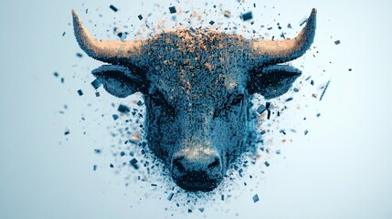 Digital representation of a shattered bull statue made of pixels, falling apart with stock numbers glitching.