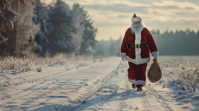Santa Claus walking through a snowy landscape with a bag of gifts on his back