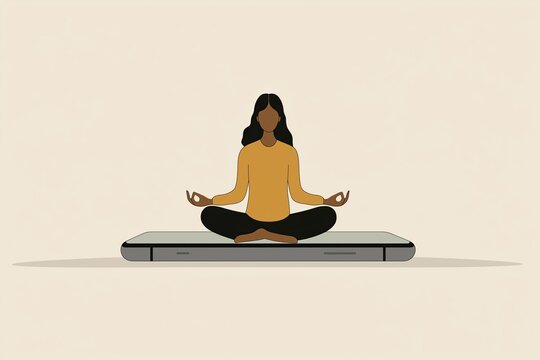 Meditative calm: african american woman practicing yoga on large smartphone, digital detox concept - Powered by Adobe