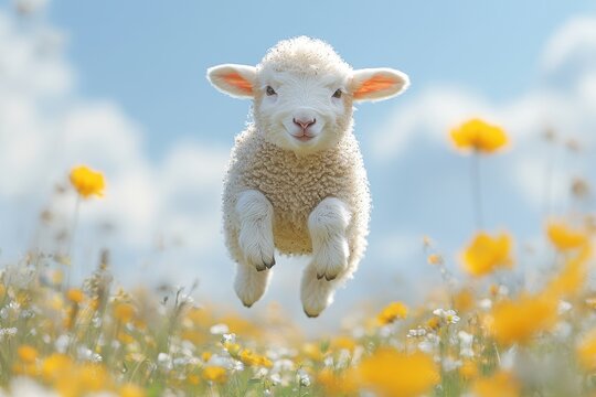 Cute lamb jumping in the air on a green meadow under a bright sky