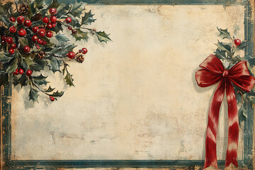 Vintage Christmas postcard pattern background featuring a nostalgic ribbon.