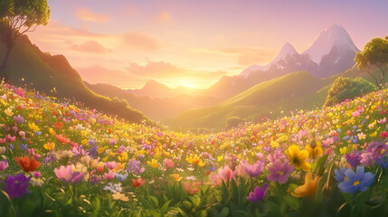 Obraz premium A field of colorful wildflowers blooms at sunset with a view of snow-capped mountains in the distance.