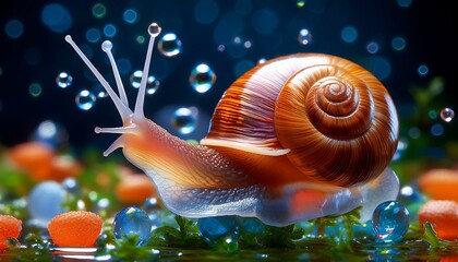 aquarium snail planorbidae aquatic pulmonate gastropod mollusc macro nature shallow depth of field the snail eats artemia salina eggs
