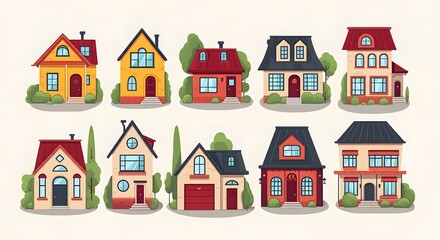 Modern House Designs for Every Style, Unique Home Illustrations Collection, Vibrant Architectural House Concepts, Minimalist House Designs with Greenery, Colorful Cartoon House Inspirations.