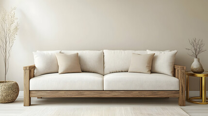 Minimalist Modern Living Room with Pale Beige Walls, Dark Wood Sofa, and Gold-Accented Coffee Table, Featuring Bold Minimalism and Soft Ambient Lighting