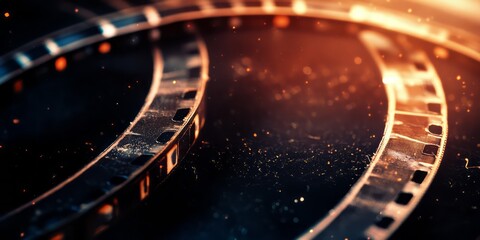 Close-up of Film Reels with Dust and Bokeh Lights
