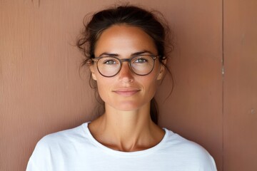 Fototapeta premium A woman with glasses and tied-back hair stands poised against a wooden backdrop. She wears a white shirt, exuding an air of intelligence and simplicity.