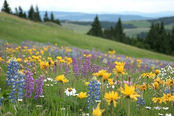 Obraz premium Blooming wildflower meadow under clear blue sky.