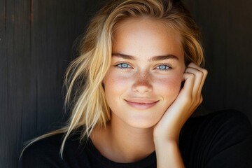 Fototapeta premium A close-up portrait of a smiling young woman with bright blue eyes and freckles, wearing a black top and posing against a dark background, exuding natural beauty.