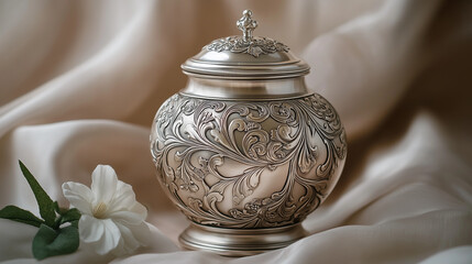 Ornate Silver Funeral Urn with Floral Engravings on Soft Fabric