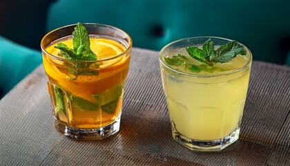 glass of lemonade with green mint leaves and drink with orange juice on the table in a restaurant