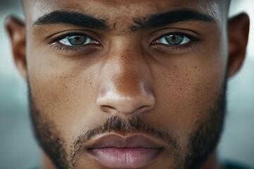 Obraz premium An intense close-up of a bearded man showcasing his strong features and piercing eyes. His serious expression reveals depth and character, portrayed in rich detail.