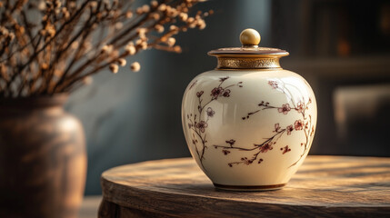 Classic Ceramic Funeral Urn with Floral Engraving on Wooden Table