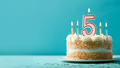 birthday cake with 5 five candles on pastel blue background with copyspace