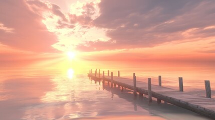 Obraz premium A wooden pier extends into a calm lake at sunset, with a bright orange sky and clouds reflecting in the water.