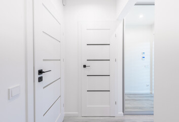 Home Entrance Hall, Hallway Interior. Wooden Outdoor Door, Brown Flooring. Minimalism. LED Light. Closet, Mirror