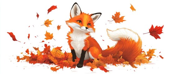 A cute fox sitting in a pile of autumn leaves, with leaves falling around it.