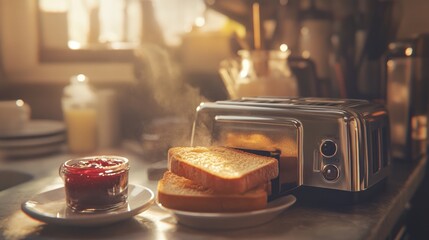 Two slices of golden brown toast coming out of a silver toaster with a small glass jar of jam beside it.
