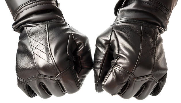 Male hands in black leather gloves isolated on white background, closeup