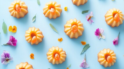 Tangerine mini Bundt cakes with tangerine drizzle, on a light blue background with edible flower petals