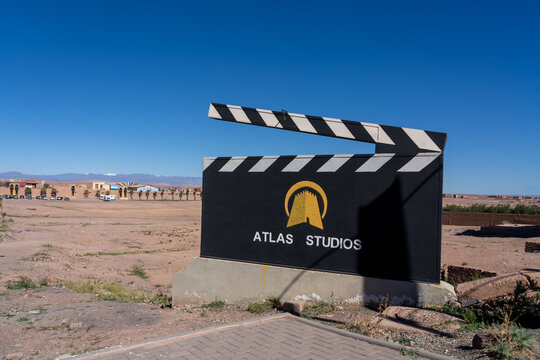 Ouarzazate, Morocco - October 30, 2024: The clapperboard sign of Atlas Studios in Ouarzazate, Morocco. Atlas Studios is a film studio. 