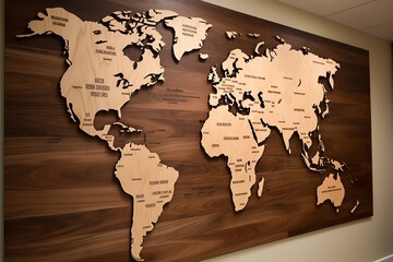 Wall Art of a Wooden World Map for analysis or research, Generative AI.