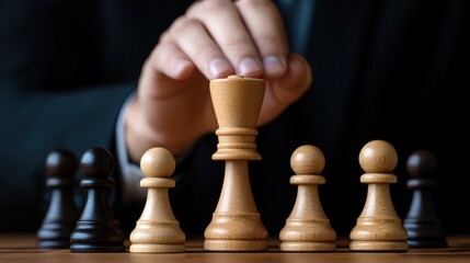 A close-up of a strategic hand maneuvering wooden chess pieces symbolizes leadership and decision-making power.