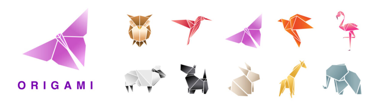 Origami set1Animales de papel de origami, arte vectorial creativo asi&aacute;tico. Ilustraci&oacute;n de origami de animales japoneses: mariposa, perro terrier, elefante, b&uacute;ho, oveja, p&aacute;jaro y jirafa