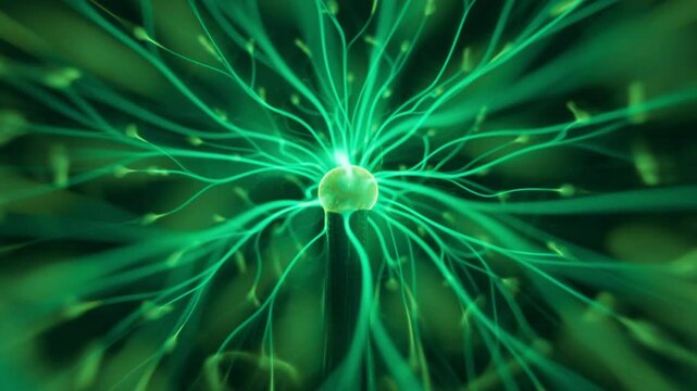 Electric green rays discharging inside the plasma ball. Slow motion. 