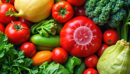 Fresh produce with E coli bacteria overlay in medical illustration style