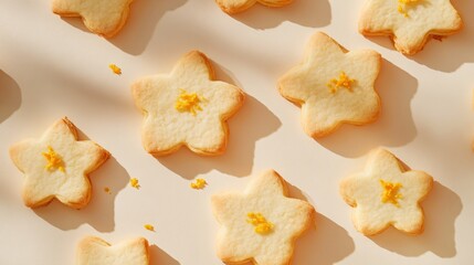 Tangerine zest cookies in delicate shapes, isolated on a soft tan background with small bits of zest around