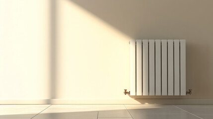 Minimalist white radiator attached to light beige wall with sunlight casting shadows across tiled floor. Interior heating and home comfort concept. Design for banner, poster, website header.
