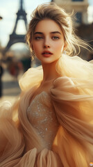 Elegant woman in a soft-flowing gown poses in front of the Eiffel Tower, perfect for fashion promotions, bridal advertisements, and romantic decor.