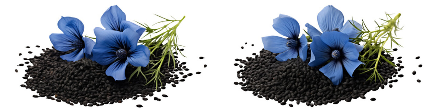 set of A Black cumin seed with blue and sockets flower isolated isolated on transparent background cutout, Black cumin seeds arranged
