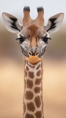 A close-up of a giraffe showcasing its unique facial characteristics in a natural, blurred savannah background during daylight hours